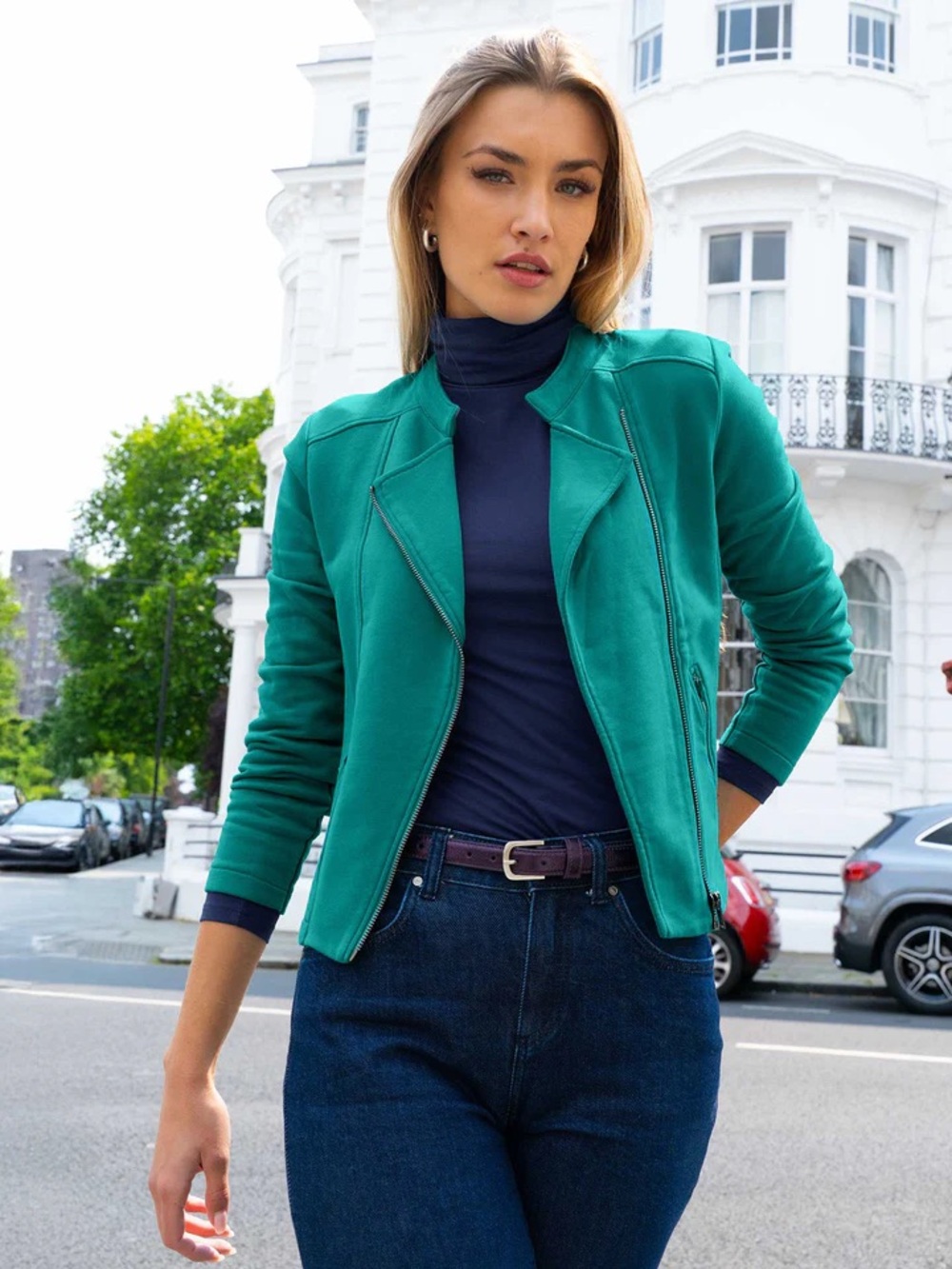 Kettlewell Chloe Sea Green Cotton Knit Cropped Moto Biker Jacket EUC Size M